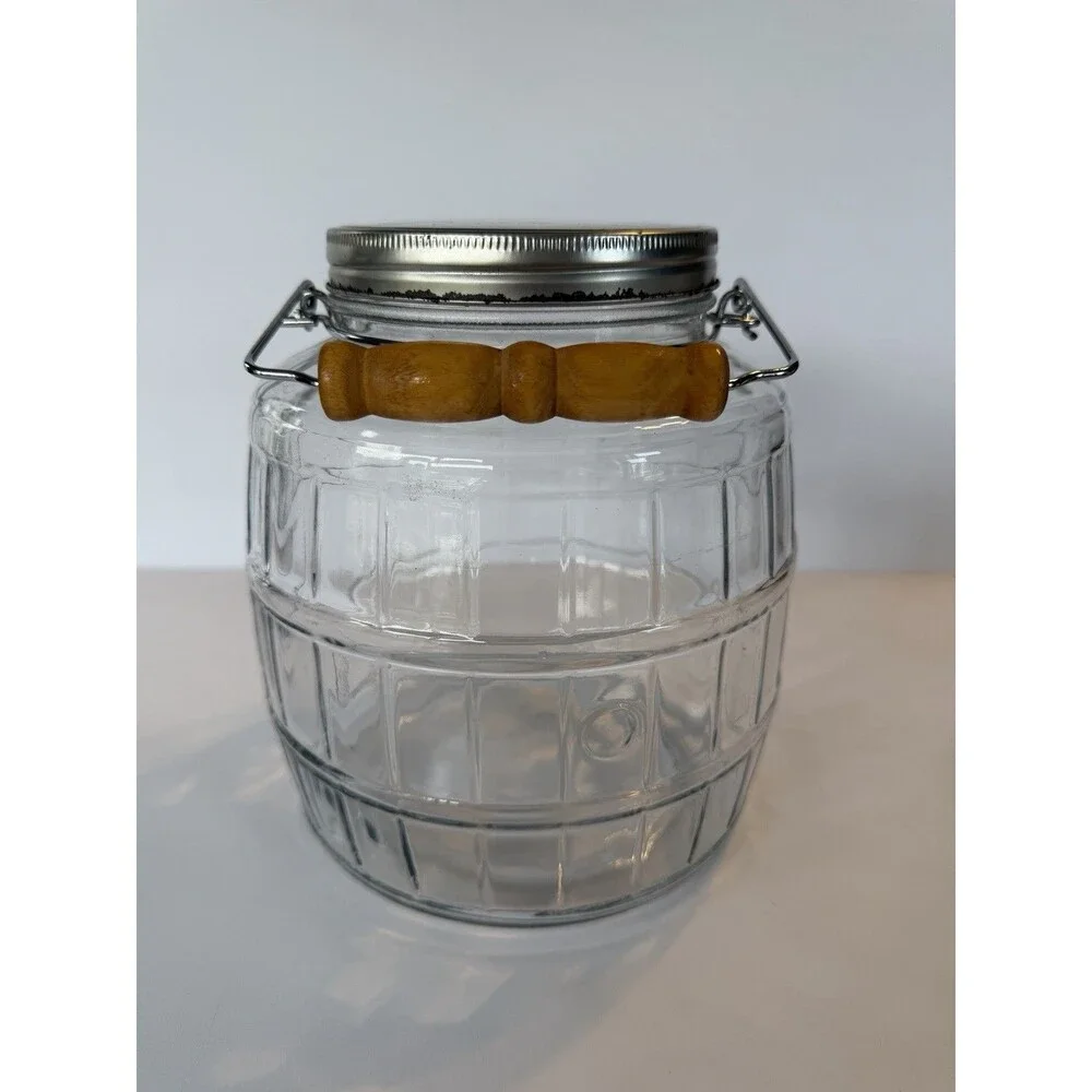 Vintage Barrel Clear Glass Pickle Jar Wood Handle Screw Top Lid FARMHOUSE DECOR